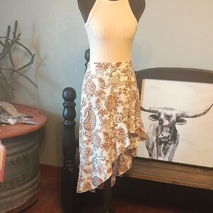 Asymmetrical Floral Paisley Midi Skirt in Cream and Brown